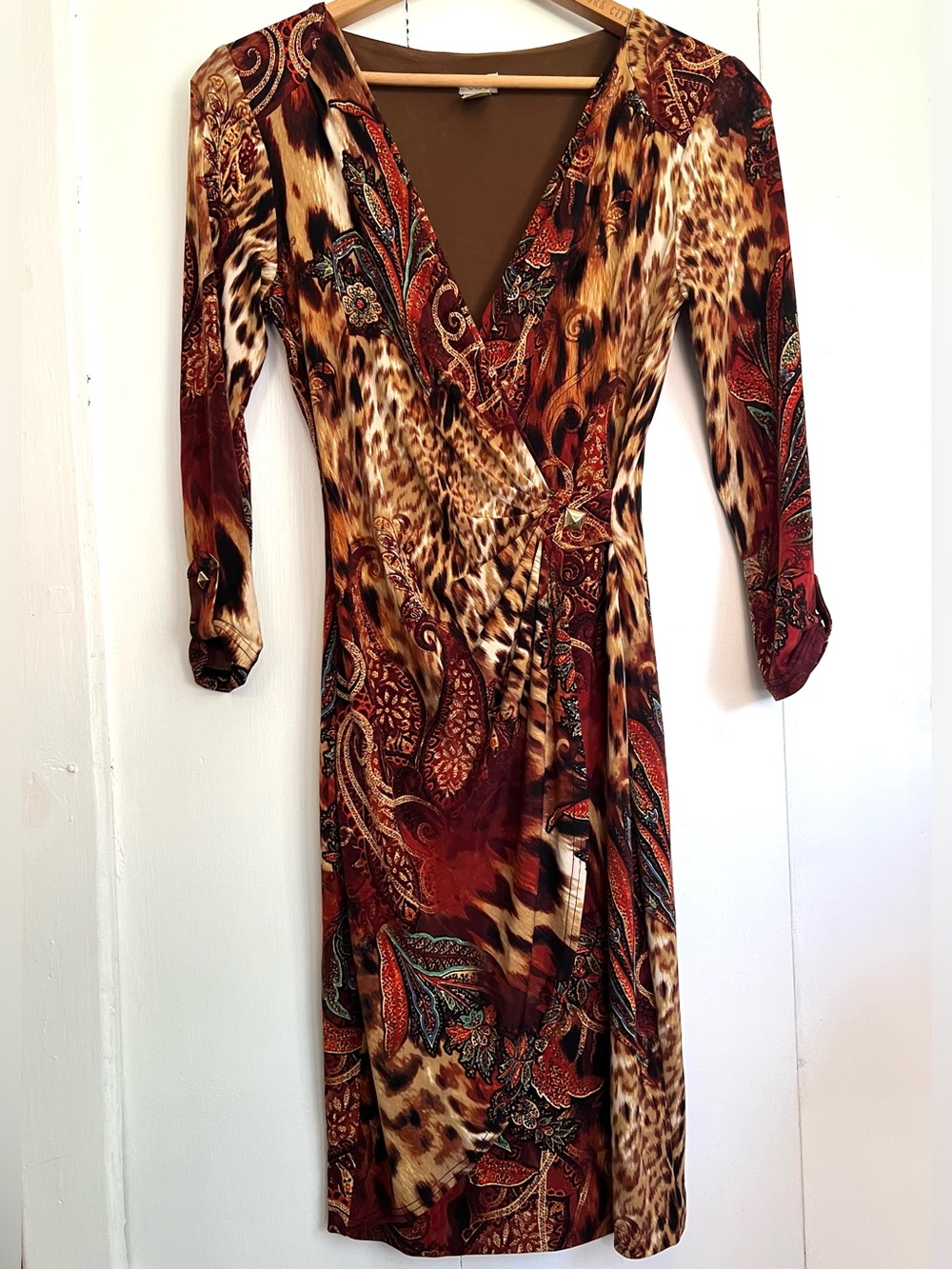 Vintage Cache Brown Multicolor Leopard Cheetah Paisley Tuscan Wrap Jersey Dress